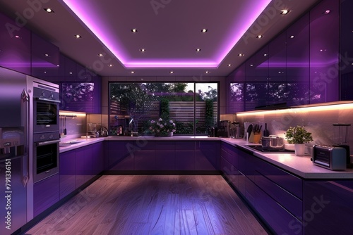Modern kitchen interior with stylish purple furniture