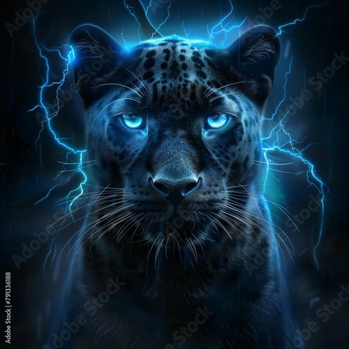 Majestic Blue Panther with Electric Eyes in Dark Storm © Tessa