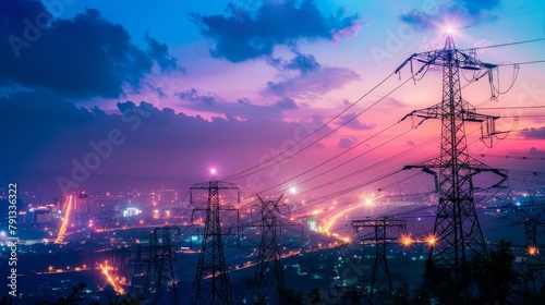 A city skyline with many power lines and a network of lines connecting them