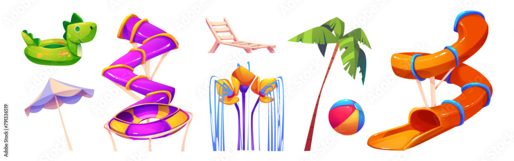Naklejka premium Waterpark slide and equipment for summer relax. Cartoon vector illustration set of bright amusement aquapark spiral tunnel waterslide, inflatable ball and ring, lounge chair and umbrella, palm tree.