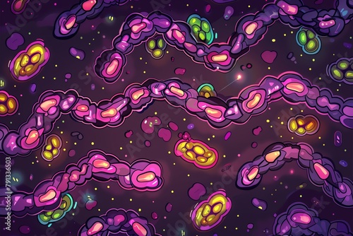 A chain of linked ringshaped bacteria, like a microscopic bracelet, formed a mesmerizing pattern under the microscopes lens, their interlocking structures hinting at the intricate mechanisms of cell d photo