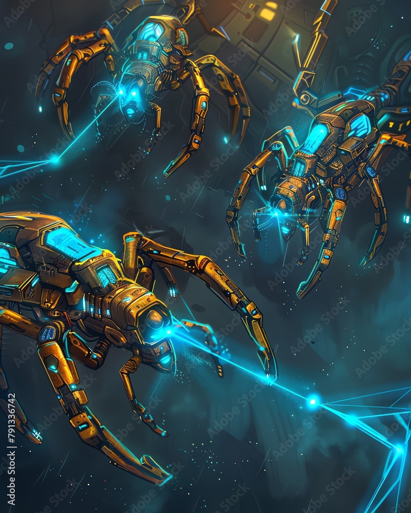 A colony of genetically modified spiders, their silk enhanced with synthetic polymers, spun robust cables that connected different modules of a space station, their webs providing structural support a A colony of genetically modified spiders, their silk enhanced with synthetic polymers, spun robust cables that connected different modules of a space station, their webs providing structural support a
