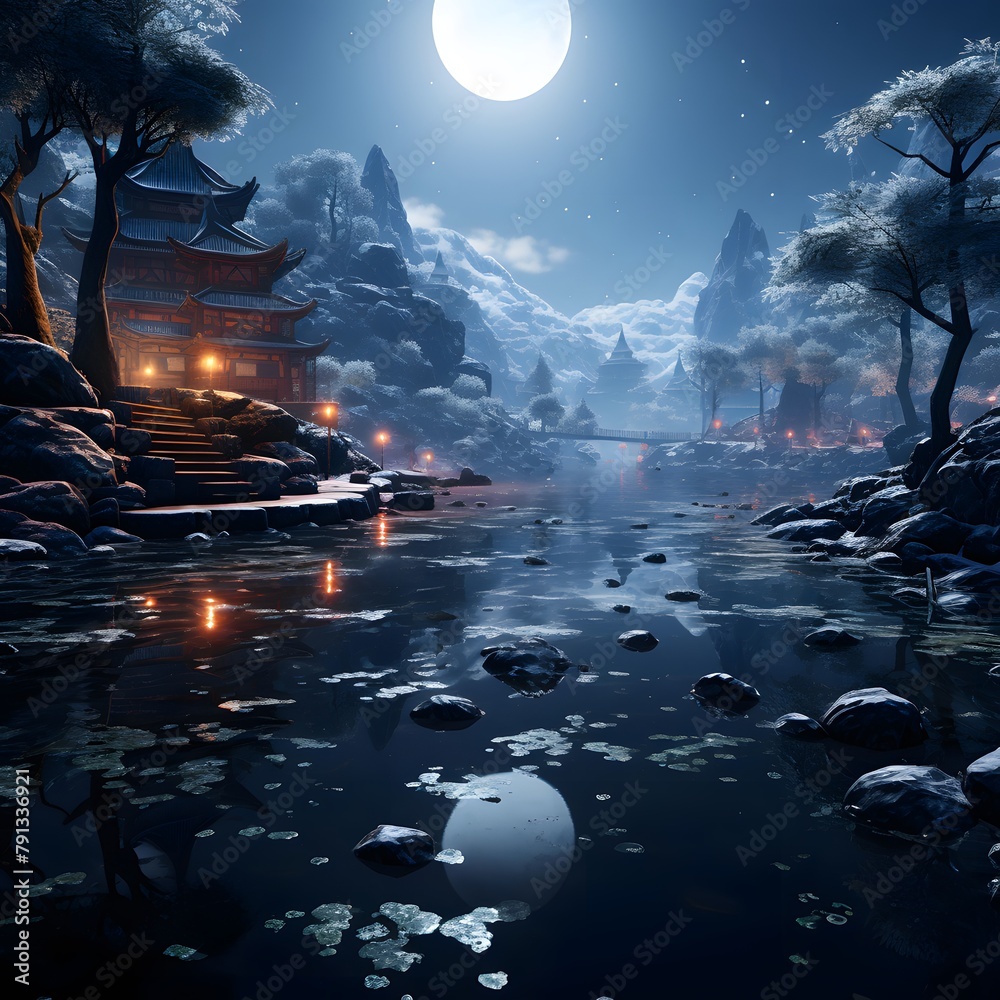 Fantasy landscape with pagoda and moon. 3d illustration.