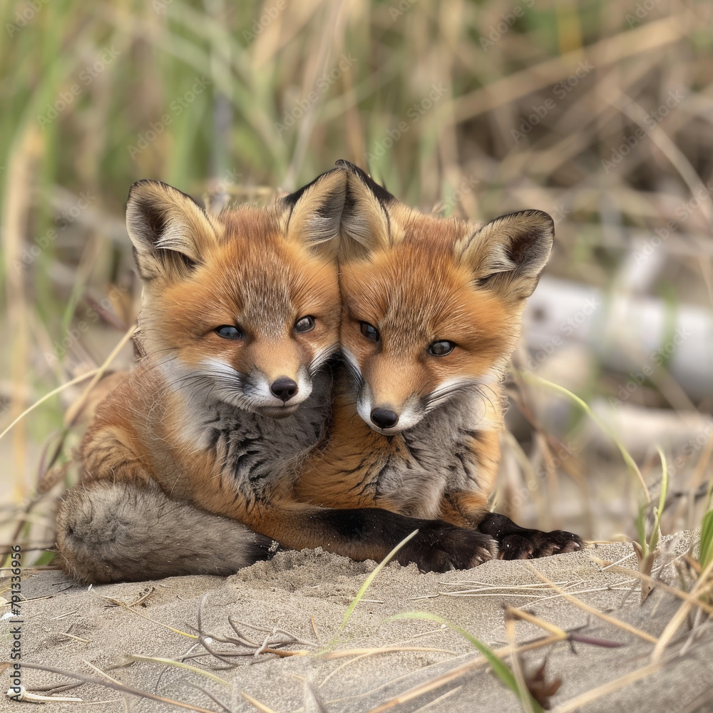 Two foxes stand side by side, their sleek fur gleaming in the sunlight. Their sharp eyes fix on something in the distance, conveying both curiosity and alertness Two foxes stand side by side, their sleek fur gleaming in the sunlight. Their sharp eyes fix on something in the distance, conveying both curiosity and alertness