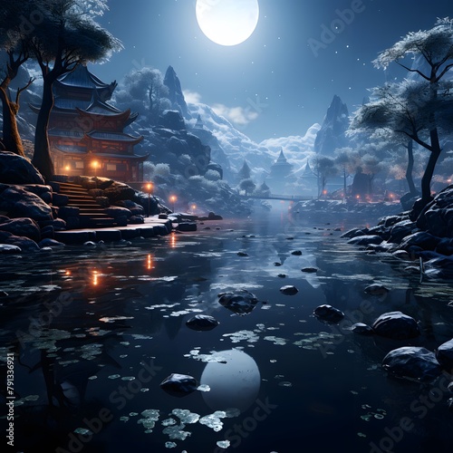 Fantasy landscape with pagoda and moon. 3d illustration. © Iman