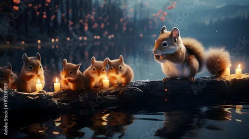 Squirrels on a log with candles in the background. Winter season. © Iman