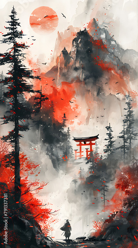 A traditional Japanese torii gate depicted in a serene image, symbolizing the cultural essence and architectural beauty of Japan's spiritual landmarks