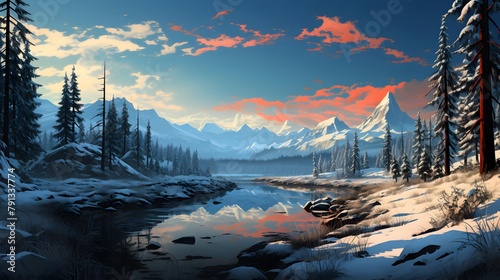 beautiful winter landscape with lake and forest at sunset - panorama