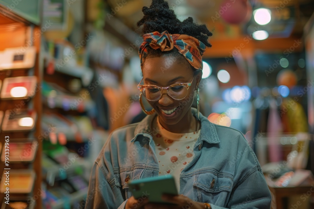 Cheerful Store Owner Engaged With Smartphone in Vibrant Evening Market