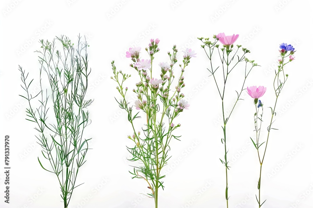 Fototapeta premium A vibrant collection of various meadow flowers, presenting unique shapes and colors, meticulously arranged on a stark white background to highlight their natural beauty.