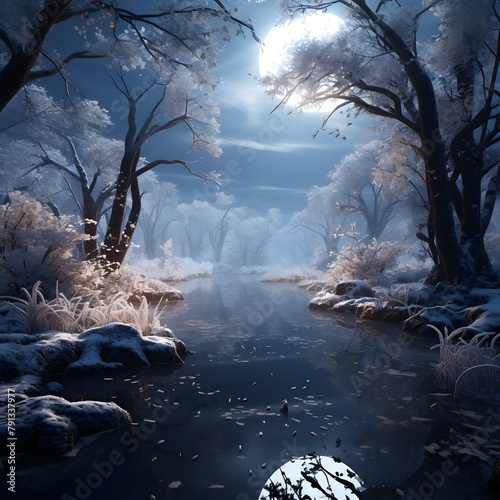 winter landscape with frozen river and trees in the snow, 3d render