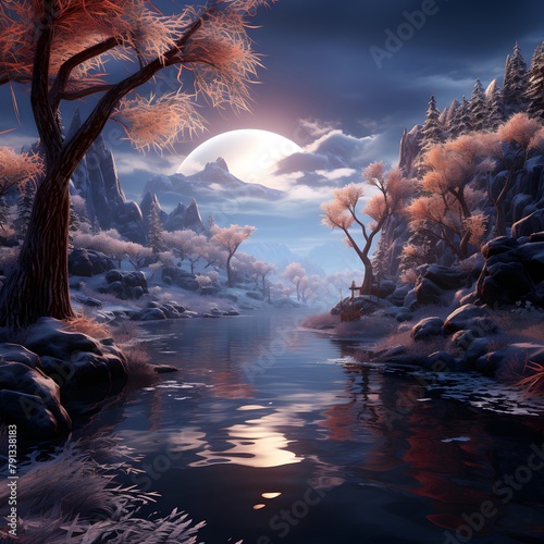Fantasy landscape with a river and a full moon. 3D rendering