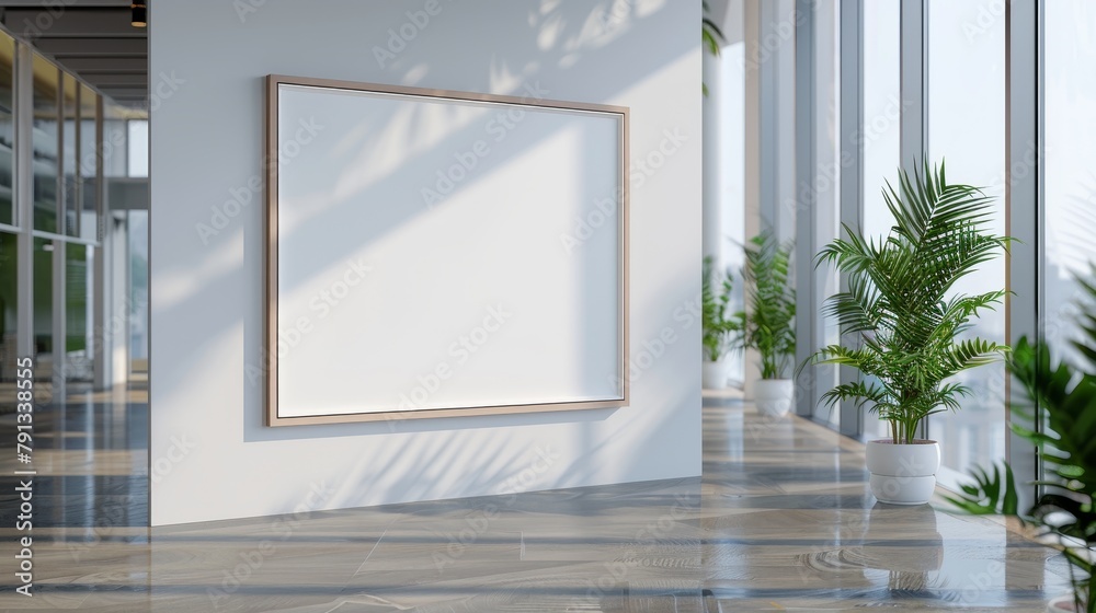 Modern Office Lobby With Sunlight and Empty Picture Frame Hanging on Wall Modern Office Lobby With Sunlight and Empty Picture Frame Hanging on Wall