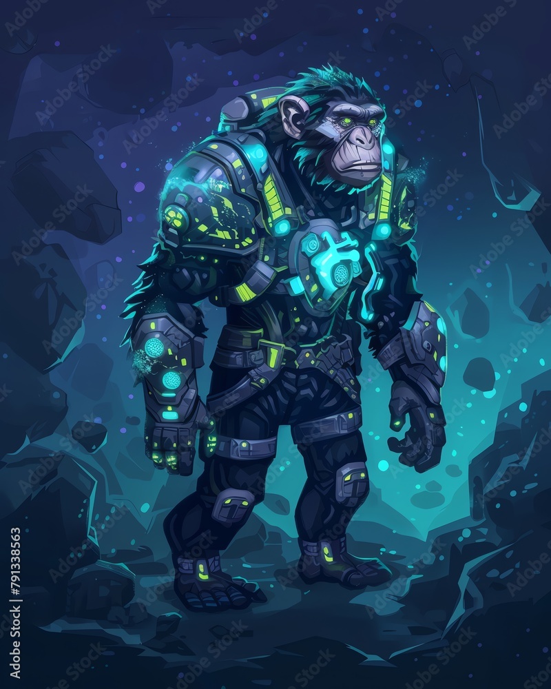 Fototapeta premium A team of genetically enhanced chimpanzees, outfitted in specialized spacesuits, expertly piloted a spacecraft through the asteroid belt, their sharp minds and nimble hands navigating the treacherous