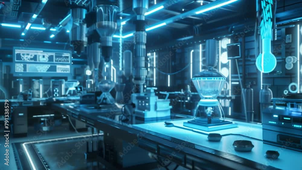 Interior of a research lab late at night. Experimental apparatus and equipment illuminated by bluish-white lighting. Interior of a research lab late at night. Experimental apparatus and equipment illuminated by bluish-white lighting.