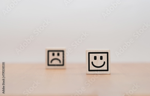 Emotional face symbols on wooden blocks Service Rating, Ranking, Satisfaction