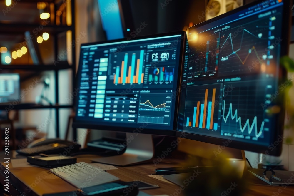 Detailed Business Analytics and Data Visualization Displayed on Dual Monitors Detailed Business Analytics and Data Visualization Displayed on Dual Monitors