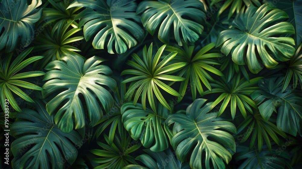 Lush Palm Leaves. A Seamless Background of Dark Green Palm Leaves, Captured from Above.