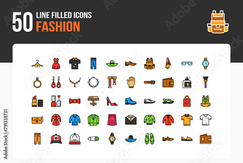 Set of 50 Fashion icons related to Hanger, Dress, Hat, Shoe Line Filled Icon collection