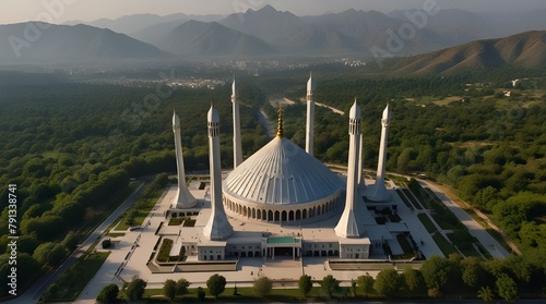 Aerial shot of Islamabad, the capital city of Pakistan showing the landmark Shah Faisal Mosque.generative.ai photo