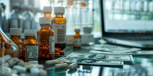 Medication Bottles and US Currency on A Pharmacy Counter in Soft Focus photo