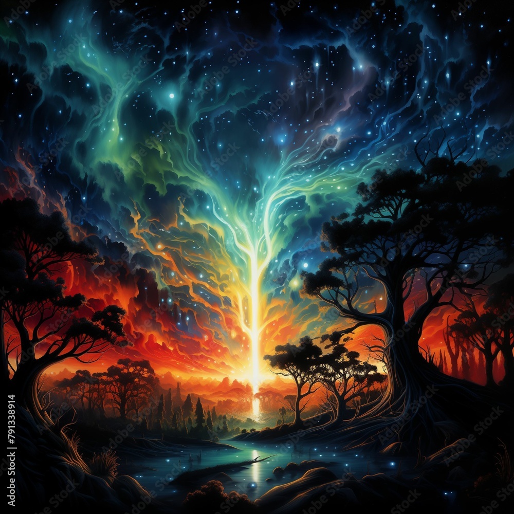 Enchanting Night Sky with Aurora-Inspired Sunset and Silhouetted Trees Enchanting Night Sky with Aurora-Inspired Sunset and Silhouetted Trees