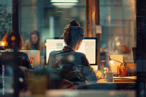 Focused Employee Engaged in Late-Night Work at a Busy Office photo