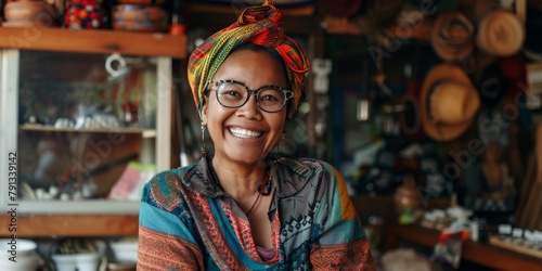 Smiling Ethnic Small Business Owner in Her Artisan Shop photo