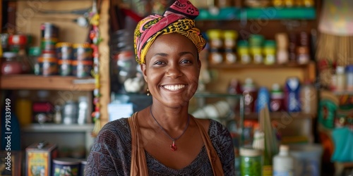 Radiant Small Business Owner Standing in a Colorful Ethnic Market Stall photo