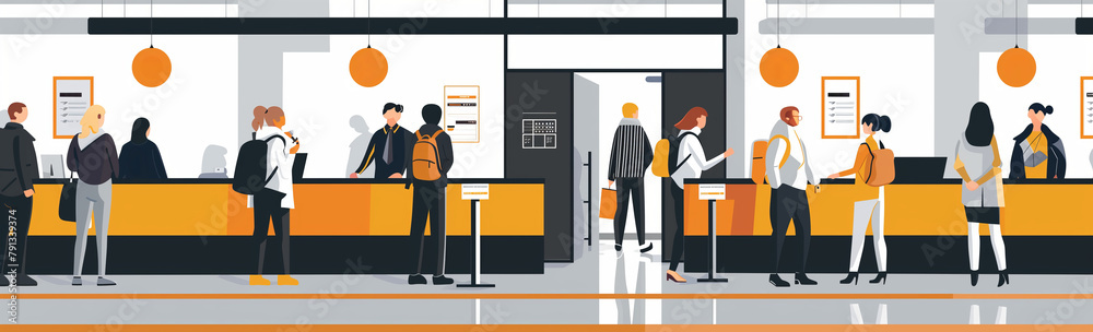 Bank finance office interior with busy bank tellers and bank manager with customers waiting in line. Generative AI. Bank finance office interior with busy bank tellers and bank manager with customers waiting in line. Generative AI.