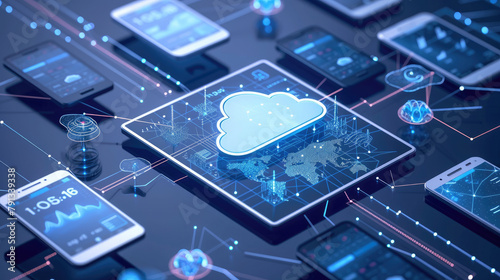 This digital art captures the essence of cloud technology, where diverse devices share data through a visually symbolic cloud, highlighting global connectivity.