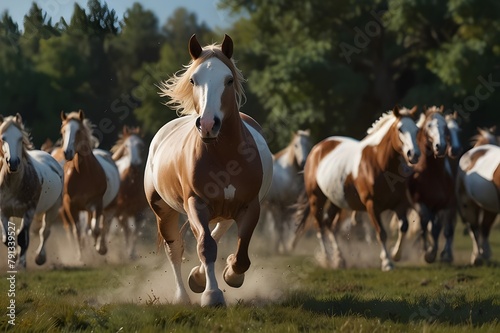 American Paint Horse in the Herd and Running  8K Landscape Photo Realistic.generative.ai