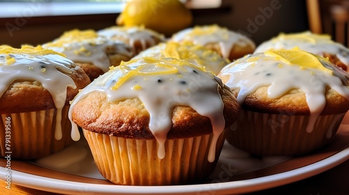 Lemon and poppy seed muffins, close-up, with a zesty lemon glaze drizzled over the top, on a sunny kitchen countertop. 