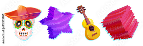 Traditional Mexican carnival and holiday festival elements - paper pinata in shape of cube, star and skull, sombrero hat and guitar. Cartoon vector illustration set of Cinco de Mayo stickers. © klyaksun