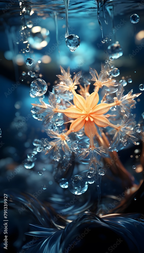 Beautiful snowflakes in a glass vase with water drops