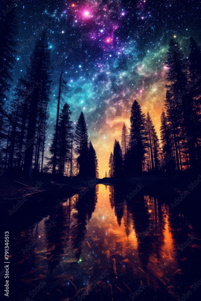 A beautiful night sky with a river in the foreground A beautiful night sky with a river in the foreground