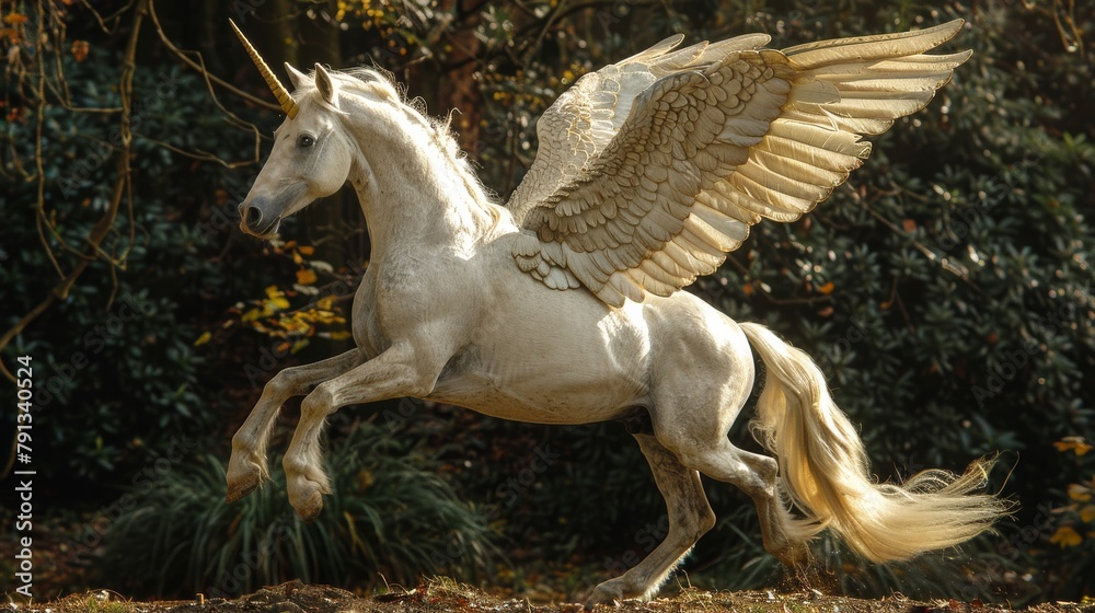 A white unicorn with a golden wing is flying through the air