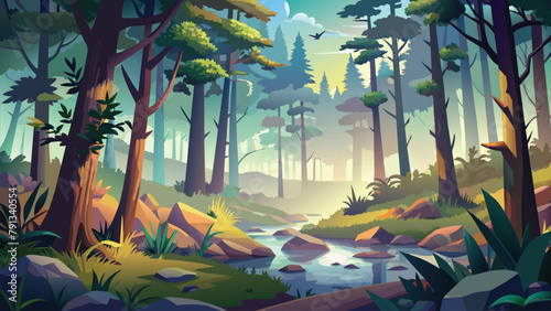 Landscape vector illustration of foggy forest in morning. Misty mountains, Trees, River, Road, Moon