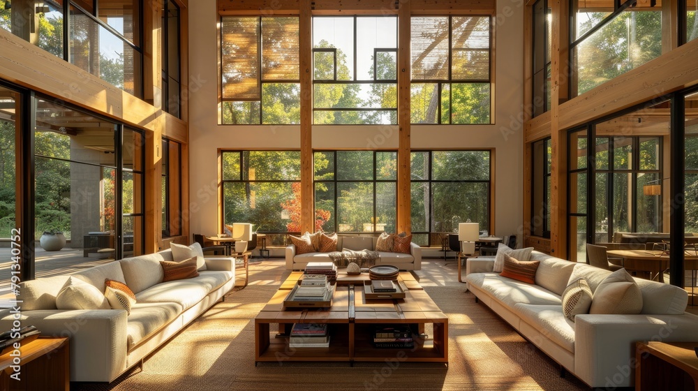 A spacious living room features comfortable couches and chairs arranged around a central coffee table. Large windows flood the room with natural light.