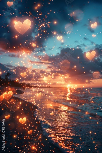 A beach scene with a lot of sparkles and a lot of hearts