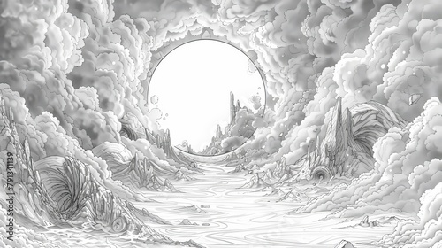 Fantasy: A coloring book page depicting a magical portal to another realm