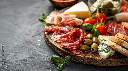 Antipasto board with various meat and cheese snacks. Wth copy space