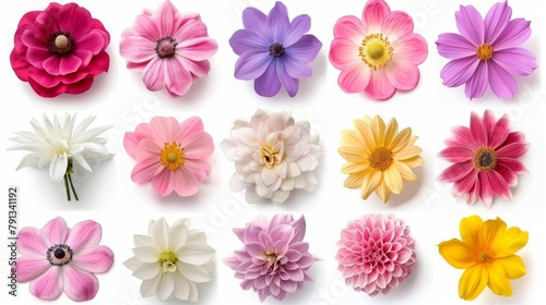 A Vibrant Collection Of Various Colorful Meadow Flowers Arranged on a White Background. Presenting unique shapes and colors, meticulously arranged to highlight their natural beauty. © MiniMaxi