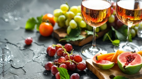 Appetizers table and wine. Fruit and cheese on wooden board on stone background. Wine appetizers 