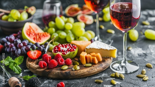 Appetizers table and wine. Fruit and cheese on wooden board on stone background. Wine appetizers 