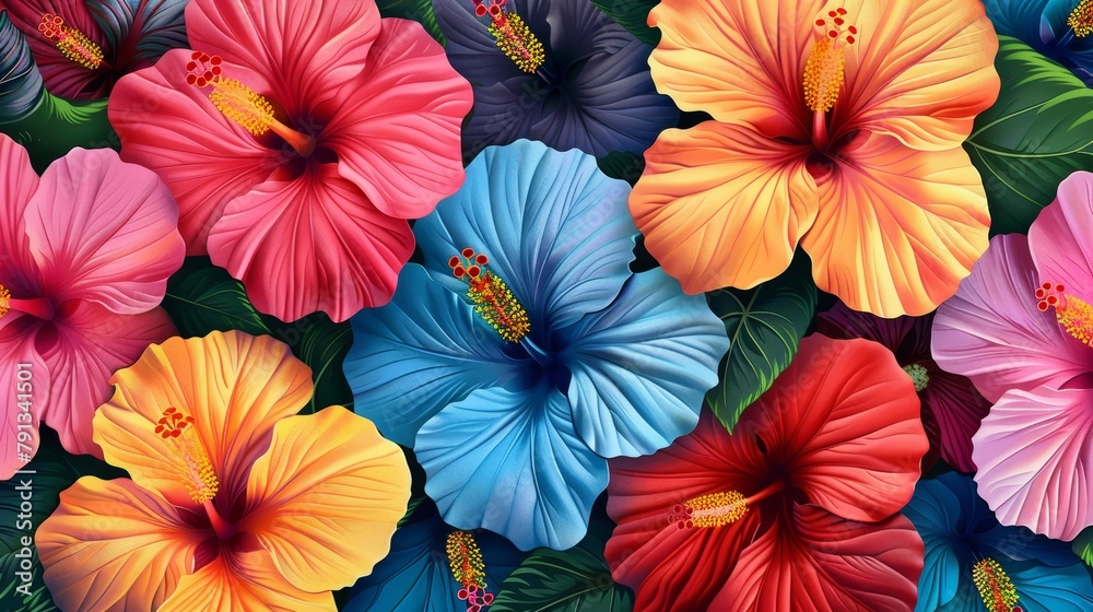 Flowers: A cluster of hibiscus flowers with their bold, tropical colors
