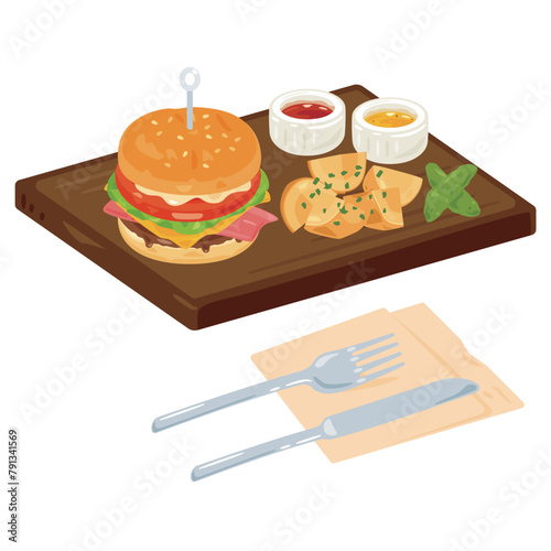 木製トレーに乗ったハンバーガーセット