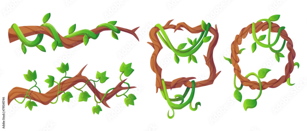 Obraz premium Jungle liana vine - long branches and circle and square frame with green creeping plant and leaves. Cartoon vector illustration set of game ui design borders made of tropical climbing plant.