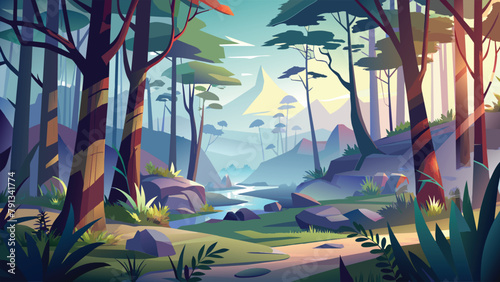 Landscape vector illustration of foggy forest in morning. Misty mountains, Trees, River, Road, Moon