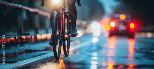 Cyclist crossing city bridge at night with panoramic view of sparkling city lights photo